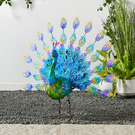 Glitzhome® 28.75" Metal Tail Spread Peacock Garden Statue with Stakes
